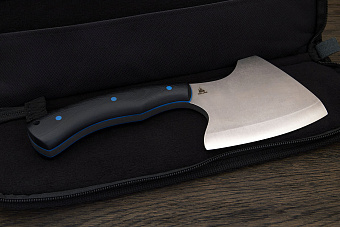 Топорик кухонный Мастерской Тать 120мм, сталь 50Х14МФ, G-10 черный (синий спейсер)