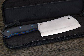 Топорик кухонный Мастерской Тать 160мм, сталь 50Х14МФ, G-10 черный (синий спейсер)