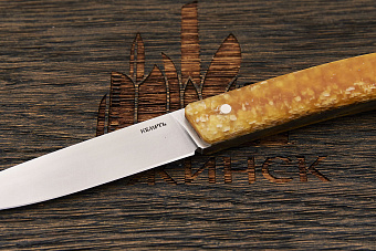 Разделочный нож Къметь Игла, сталь LO-K 2379, рукоять микарта янтарная