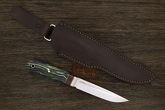 Нож туристический Геннадия Дедюхина Финка, клинок 132мм, сталь N690, рукоять микарта черно-зеленый