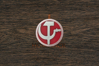 Мозаичный пин «Серп и молот» 10,0×100 мм, контур - медь, центр - латунь красный