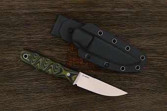 Нож туристический Геннадия Дедюхина Скинду, клинок 100мм, сталь Elmax, рукоять микарта черно-оливк.
