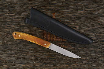 Разделочный нож Къметь Игла, сталь LO-K 2379, рукоять микарта янтарная