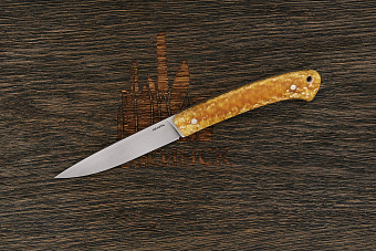 Разделочный нож Къметь Игла, сталь LO-K 2379, рукоять микарта янтарная