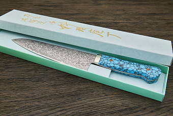 Нож кухонный Hiroo Itou мини шеф 165мм, сталь R-2 в обкладках из дамаска