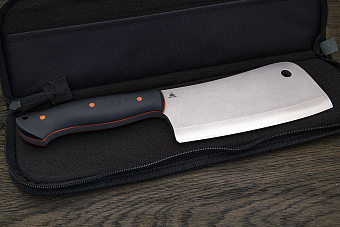 Топорик кухонный Мастерской Тать 160мм, сталь 50Х14МФ, G-10 черный (оранжевый спейсер)