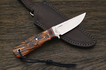 Нож шкуросъемный Геннадия Дедюхина Упёртый, клинок 89мм, сталь M398, рукоять микарта чёрно-оранжевая